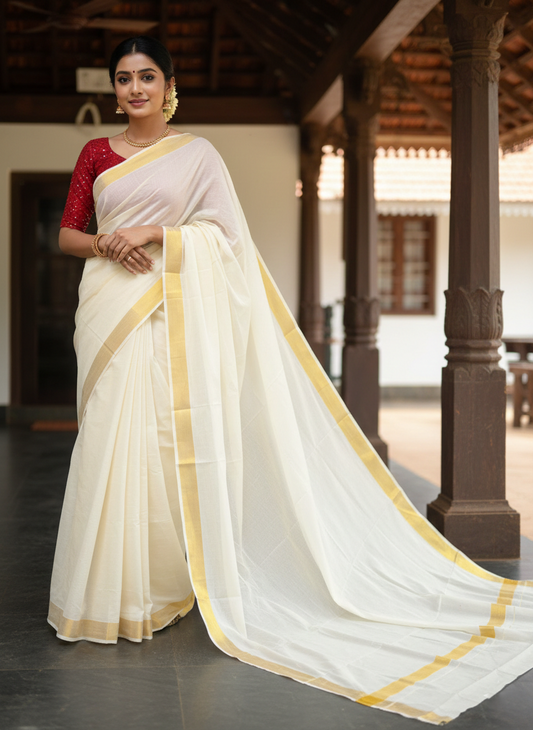 Southloom Pure Cotton Kerala Saree with 2.5 inch Gold Kasavu Border