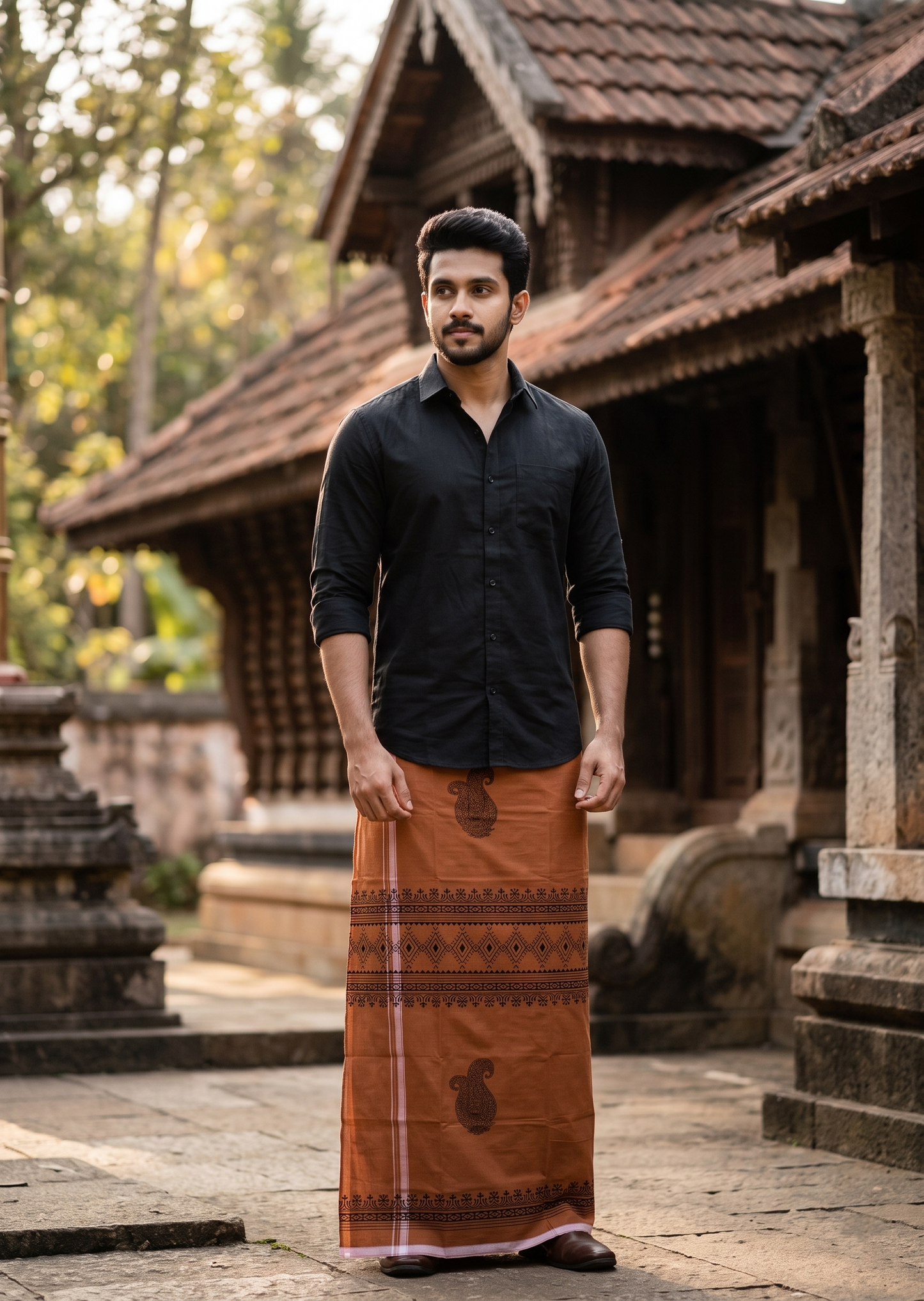 Southloom Saffron (Kaavi) Black Printed Single Mundu / Lungi (South Indian Kerala Dhoti) SL319