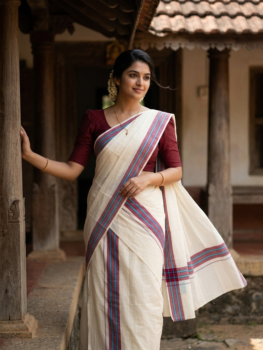 Southloom Pure Cotton Kerala Single Mulloth Set Mundu (Mundum Neriyathum) Maroon And Blue Border in 2.80 mtrs SL243