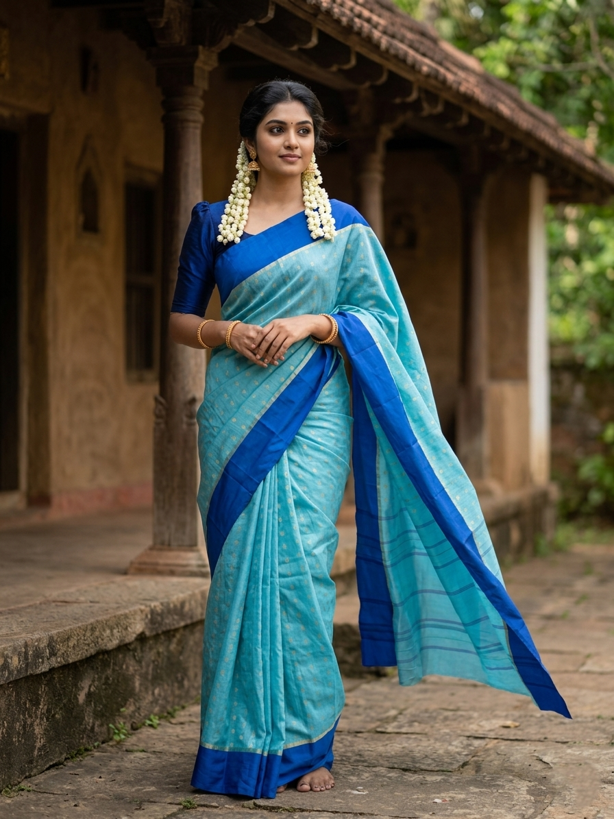 Southloom Semi Silk Saree with Butta Work and Golden Lines Across Body in Blue