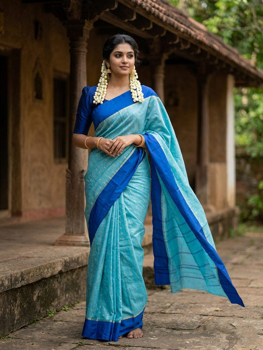 Southloom Semi Silk Saree with Butta Work and Golden Lines Across Body in Blue