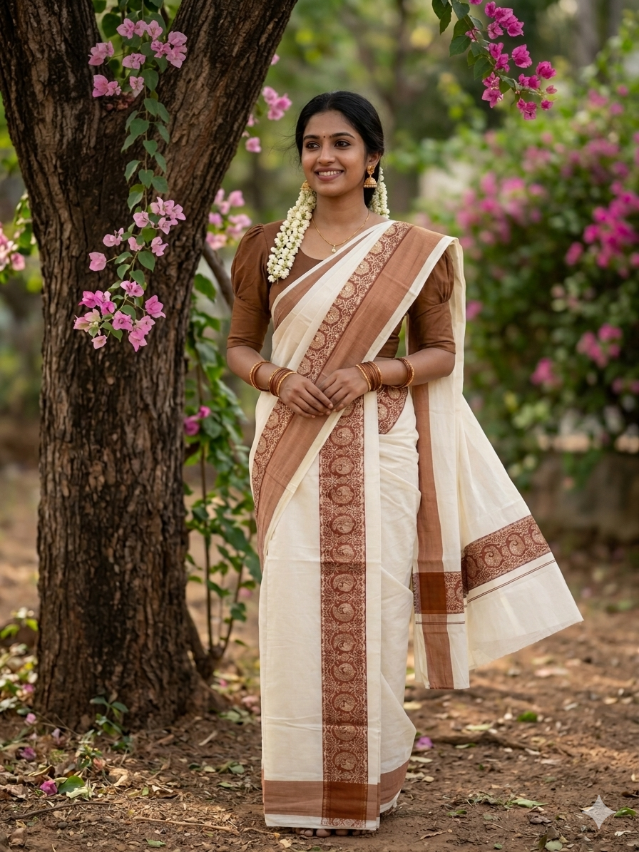 Kerala Cotton Single Set Mundu (Mundum Neriyathum) with Brown Block print Border 2.80Mtrs SL329
