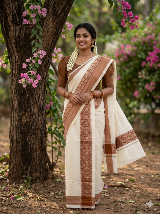 Kerala Cotton Single Set Mundu (Mundum Neriyathum) with Brown Block print Border 2.80Mtrs SL329