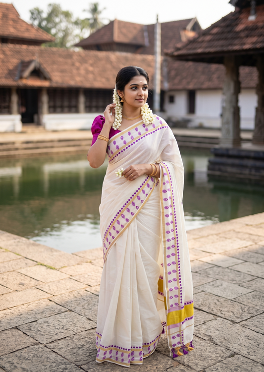 Southloom Cotton Kerala Kasavu Saree with Digital Print On Body With Temple Borders With Tussles In Magenta SL519
