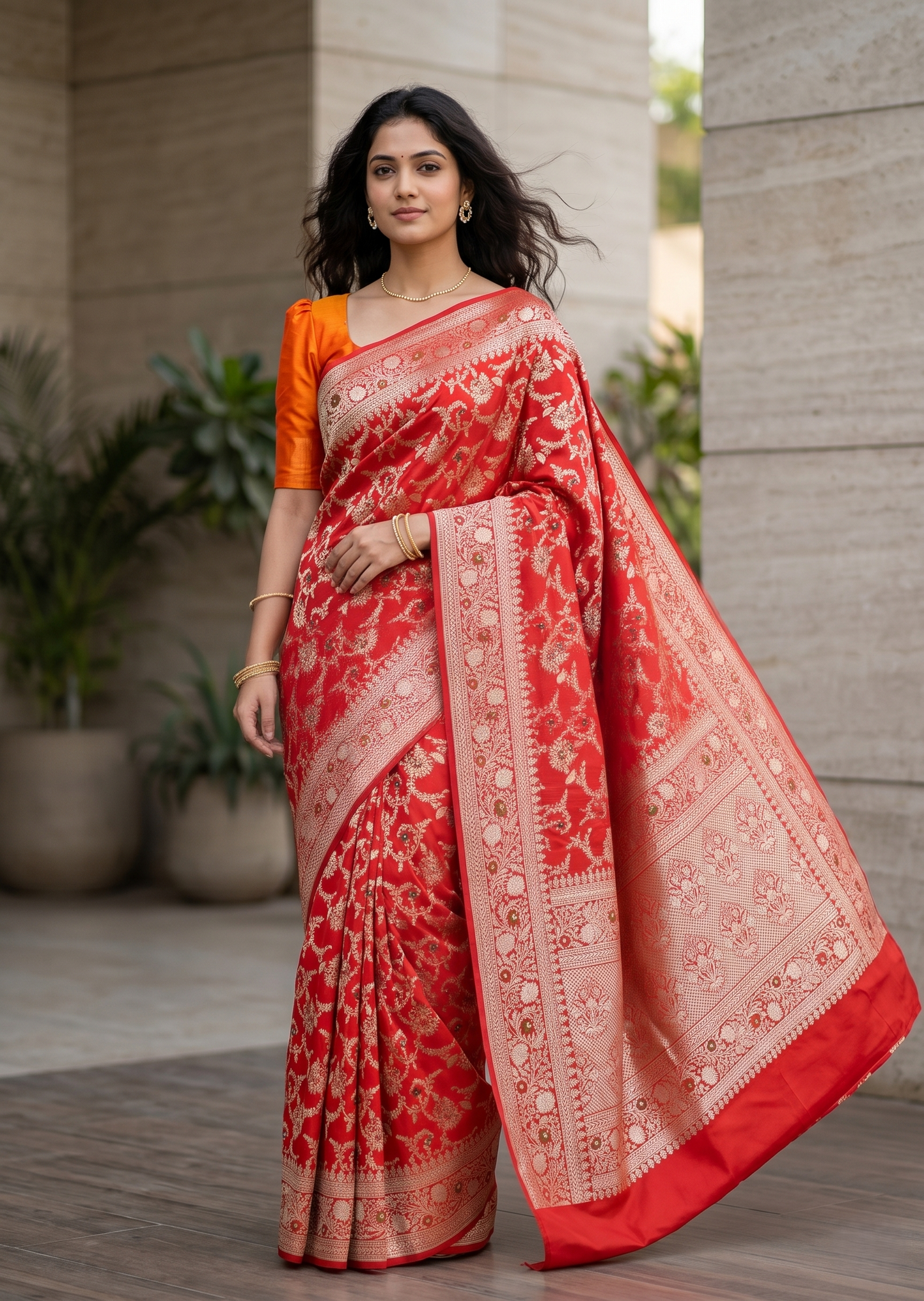 Southloom Pure Banarasi Silk Saree with Woven Work on Body and Borders (Orange)