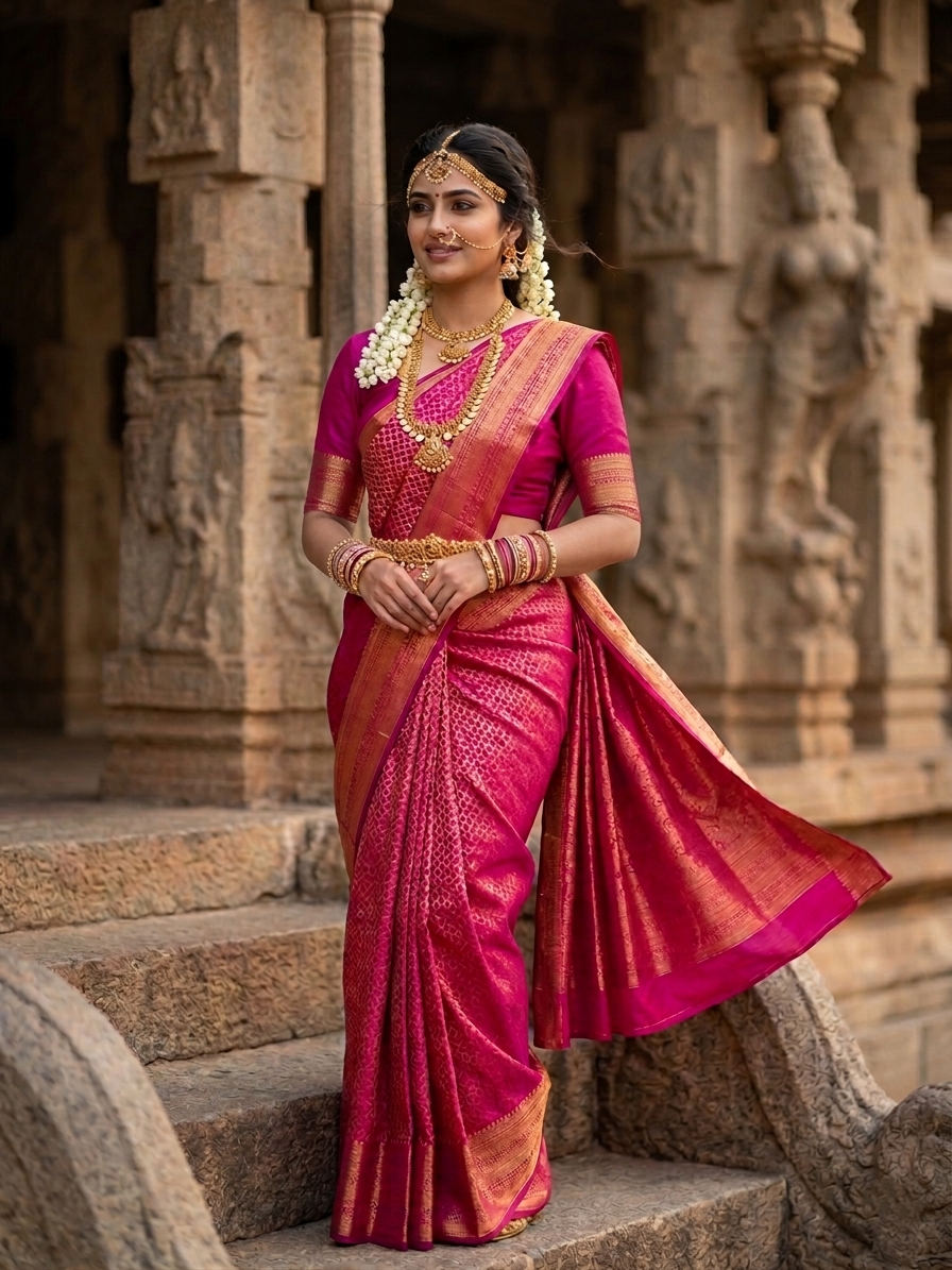 Southloom Premium Semi Silk Zari Work Brocade Saree in Bridal Magenta with Matching Pallu