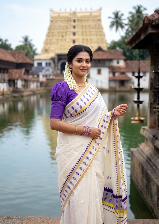 Southloom Cotton Kerala Kasavu Saree with Digital Print On Body With Temple Borders With Tussles In Violet SL519