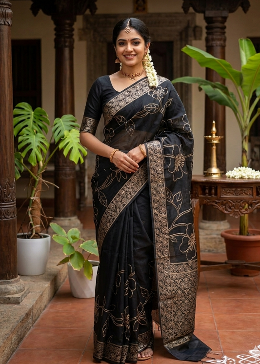 Black Banarasi Cotton Silk Saree with Floral Woven Works SL279