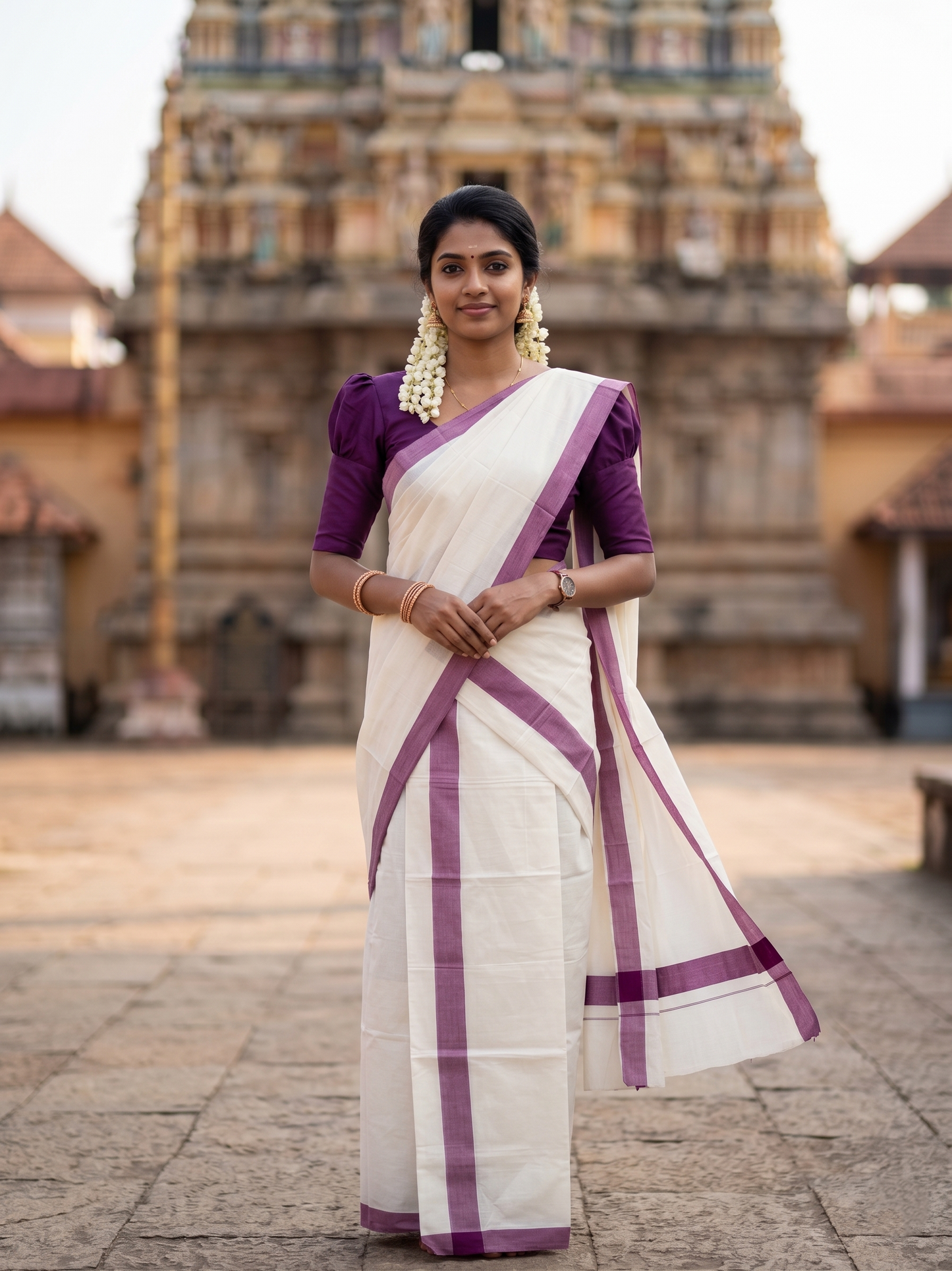 Southloom Kerala Mulloth Cotton Single Mundum Neriyathum with Purple Border