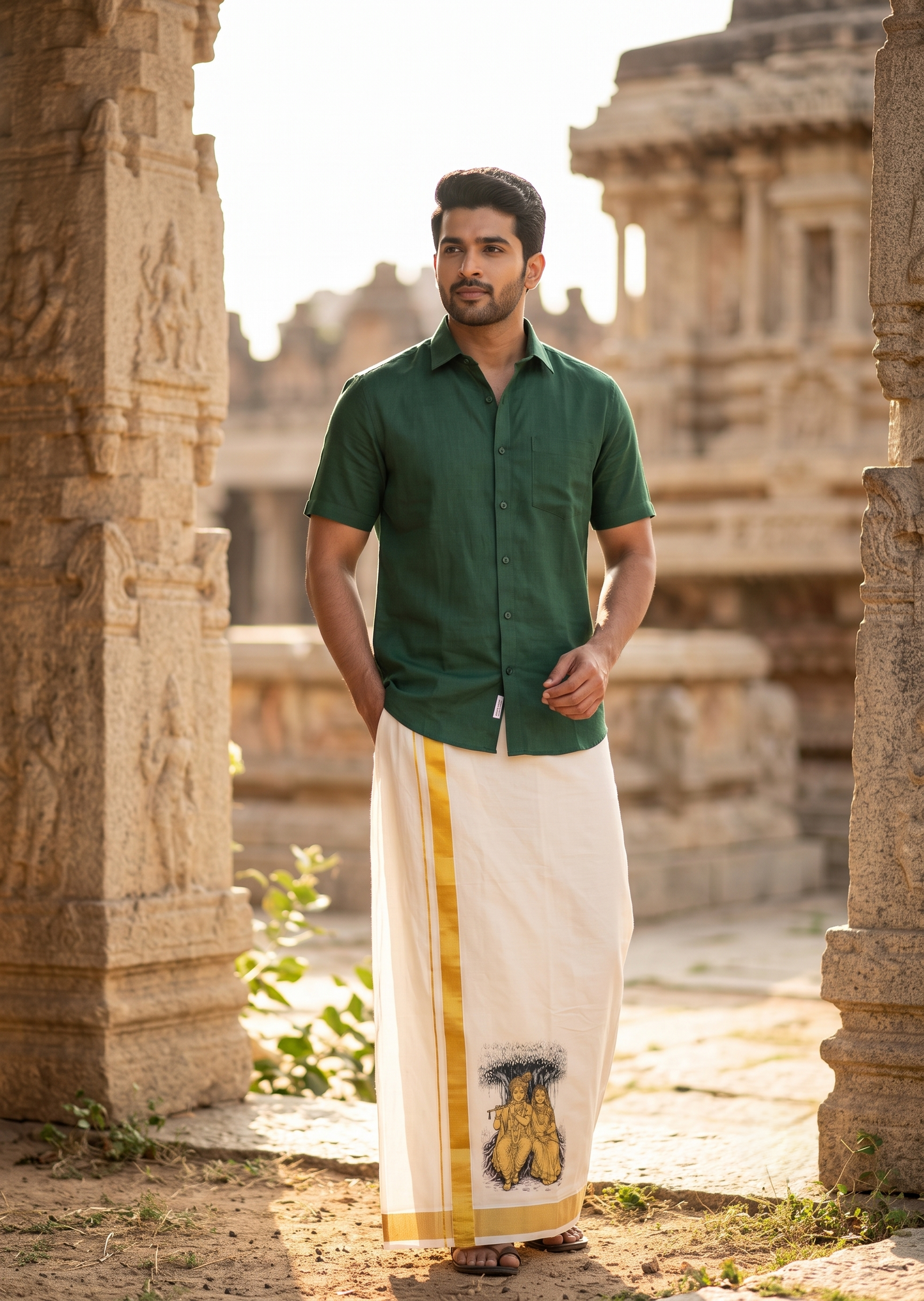 Southloom Kerala Cotton Mural Digital Printed Double Mundu (South Indian Kerala Dhoti) SL567