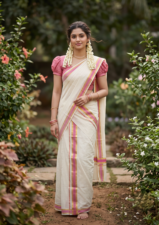 Southloom Kerala Cotton Mundum Neriyathum Single (Set Mundu) with Kasavu and Pink Border 2.80 Mtrs SLKK