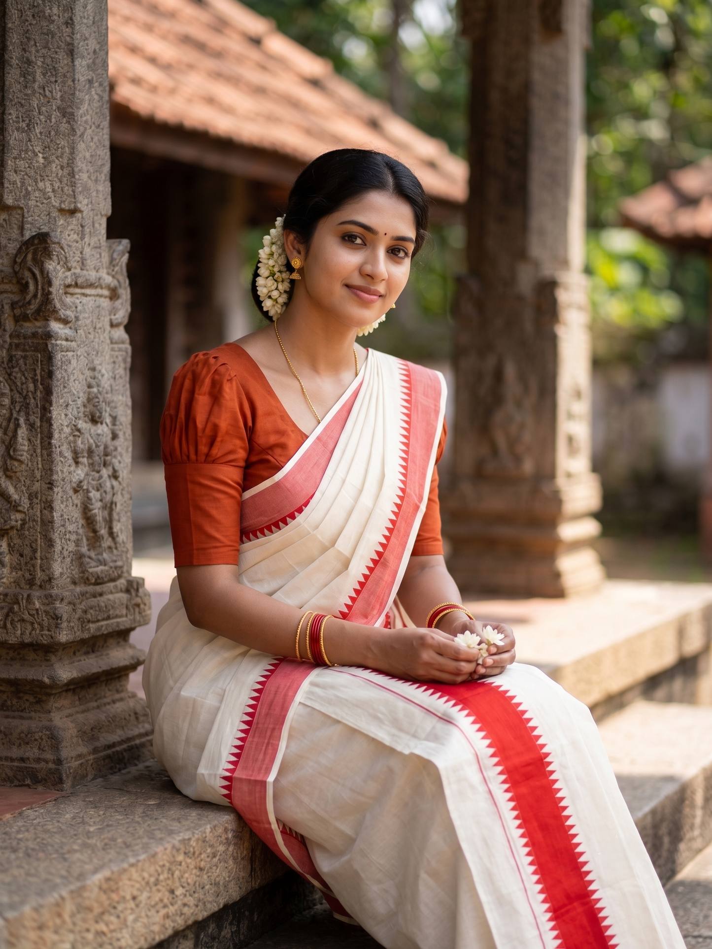 Southloom Kerala Pure Cotton Set Mundu Single (Mundum Neriyathum) with Orange Temple Border 2.80 Mtrs SL500