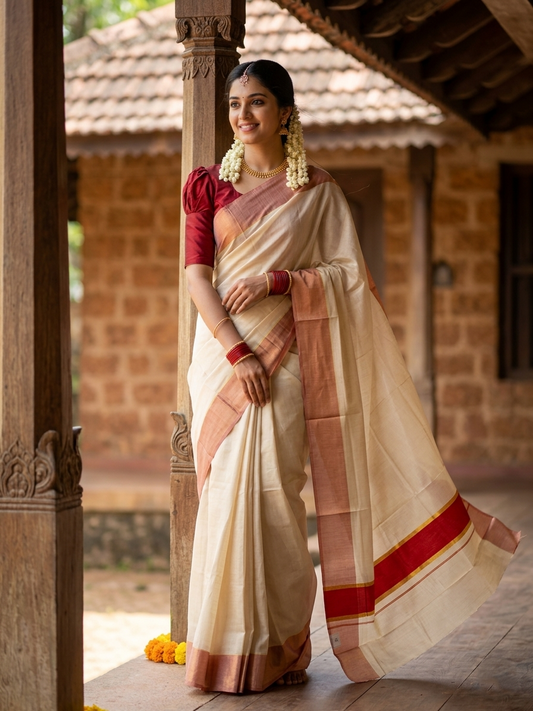 Southloom Kerala Tissue Kasavu Saree in Red