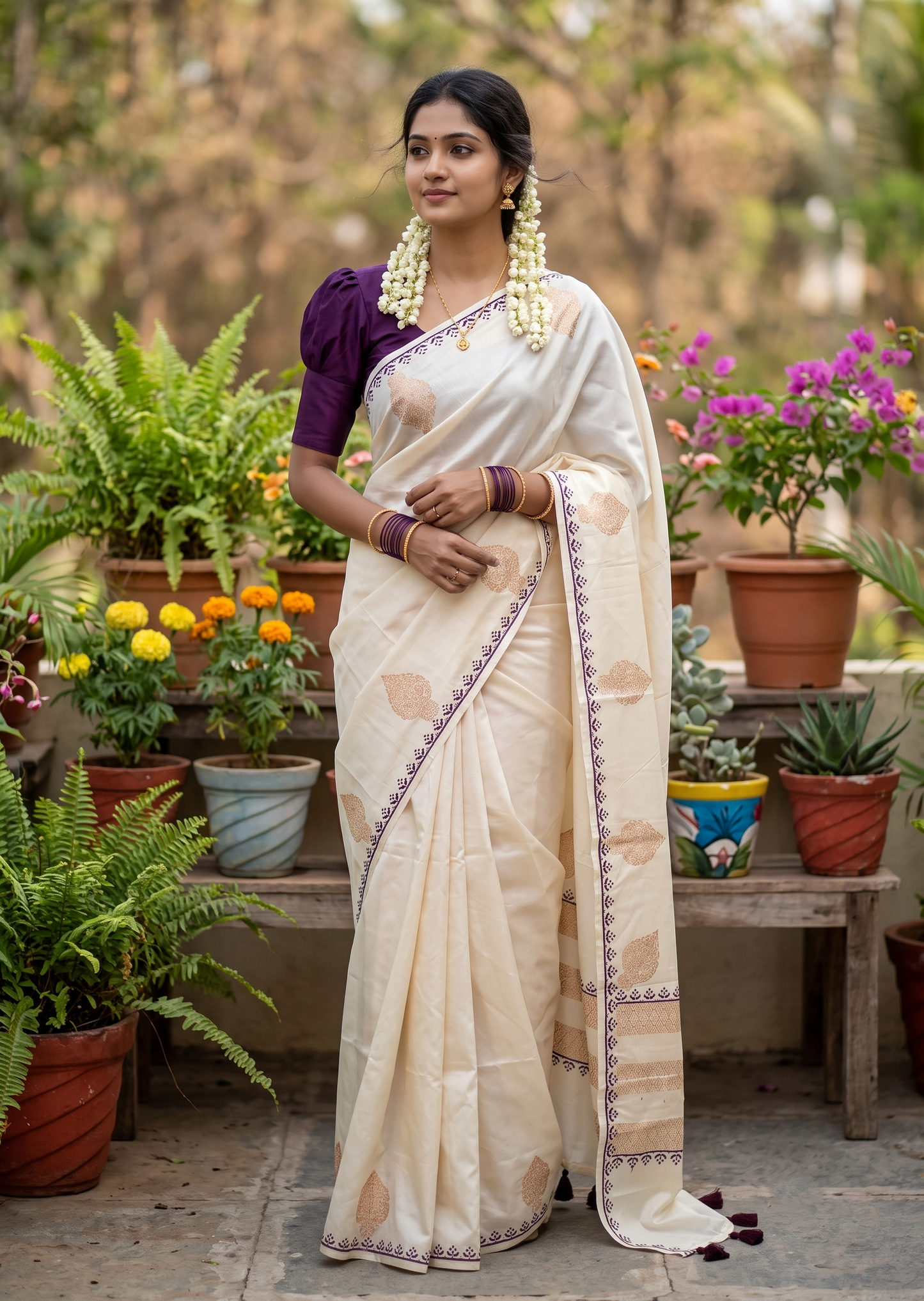 Southloom Kerala Cotton Saree with With Floral Digital Prints on Dark Purple& Mustard Yellow Borders SL521