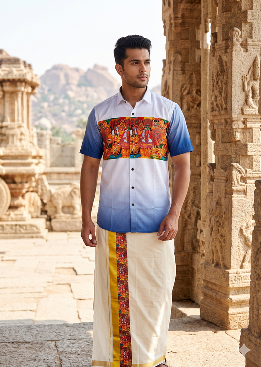 Southloom Cotton Theyyam & Kadhakali Mural Printed Men's Combo In Blue (Shirt + Mundu) (Copy)