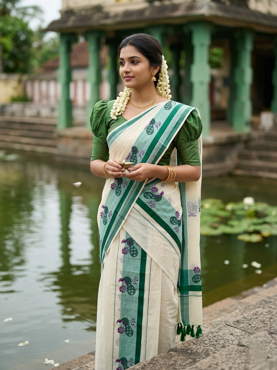 Southloom Cotton Single Set Mundu (Mundu Neriyathum) With Peacock Print And Green Border Kasavu With Tussles in 2.80 Mtrs
