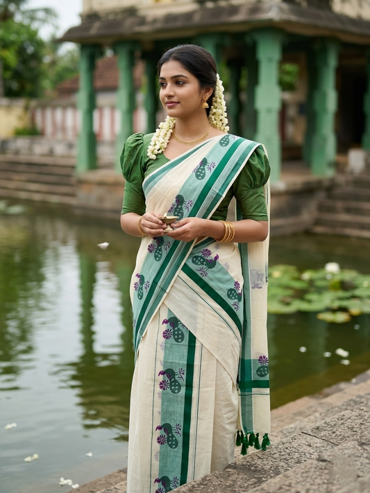 Southloom Cotton Single Set Mundu (Mundu Neriyathum) With Peacock Print And Green Border Kasavu With Tussles in 2.80 Mtrs