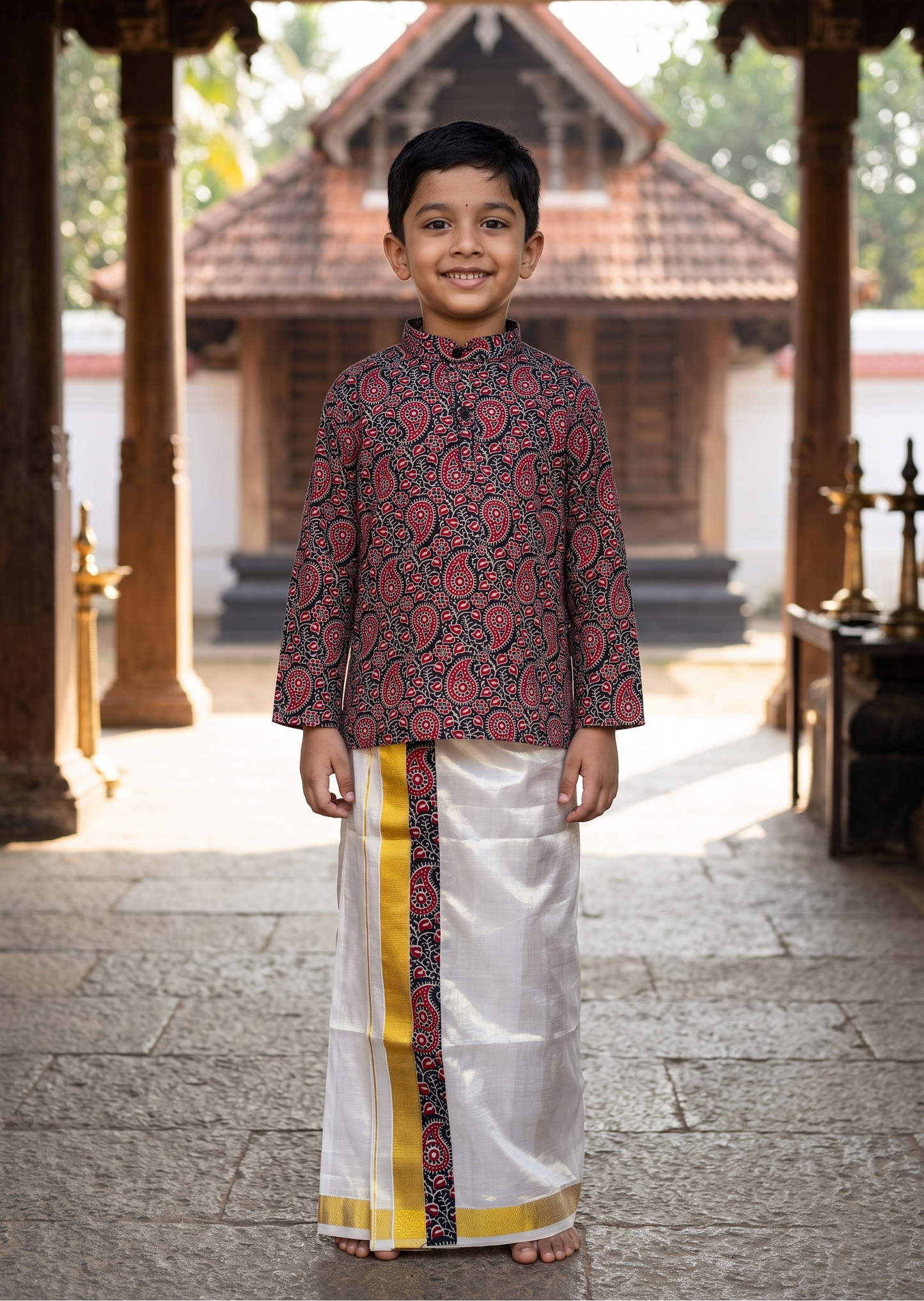 Southloom Tissue Ajrakh Printed Kids's Combo (Kurta + Velcro Mundu)
