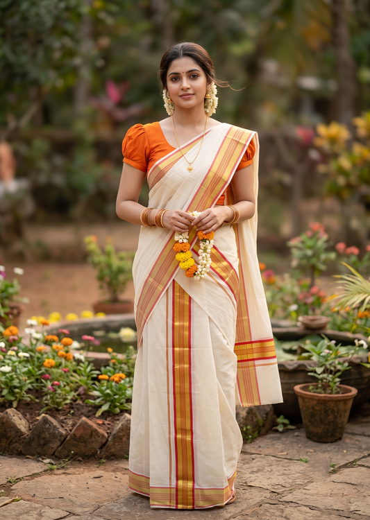 Southloom Pure Cotton Kerala Set Mundu (Mundum Neriyathum) Single with Orange and Kasavu Border 2.80 Mtrs SLKK SL522
