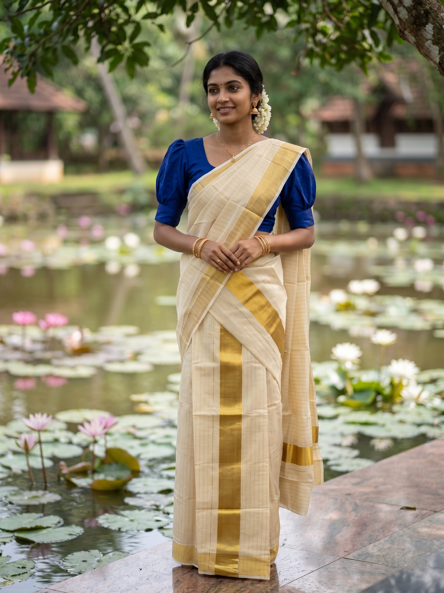 Southloom Kerala Tissue Single Set Mundu (Mundum Neriyathum) with  Kasavu Lines Across Body SL338