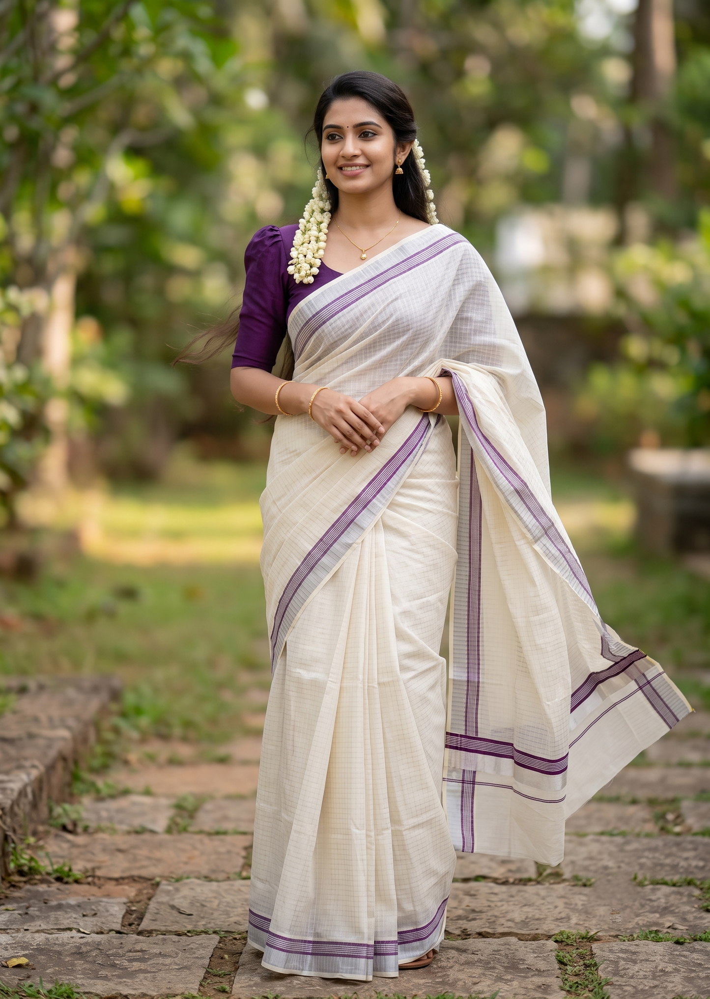 Southloom Pure Cotton Kerala Silver Kasavu Lines Saree with Purple and Silver Border