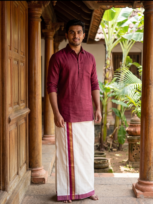 Southloom Pure Cotton Mundu with Maroon Border (South Indian Kerala Dhoti)