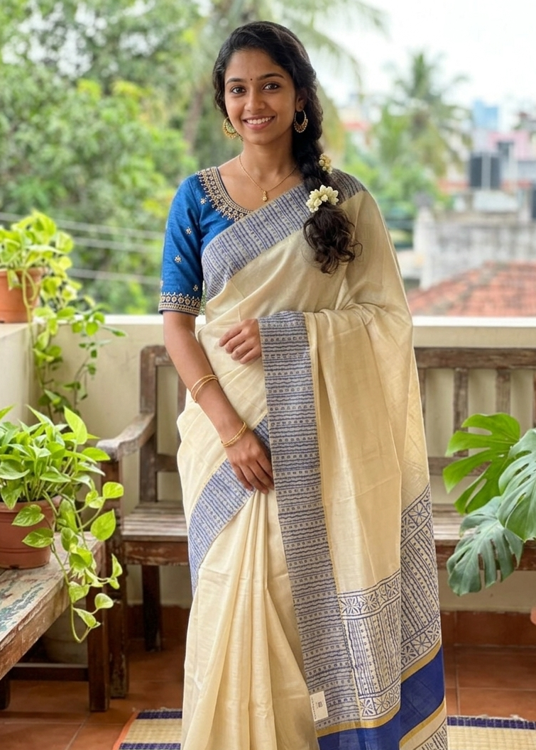 Kerala Tissue Blue Block Printed Saree SL205