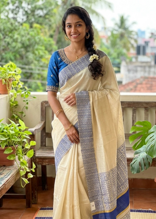 Kerala Tissue Blue Block Printed Saree SL205