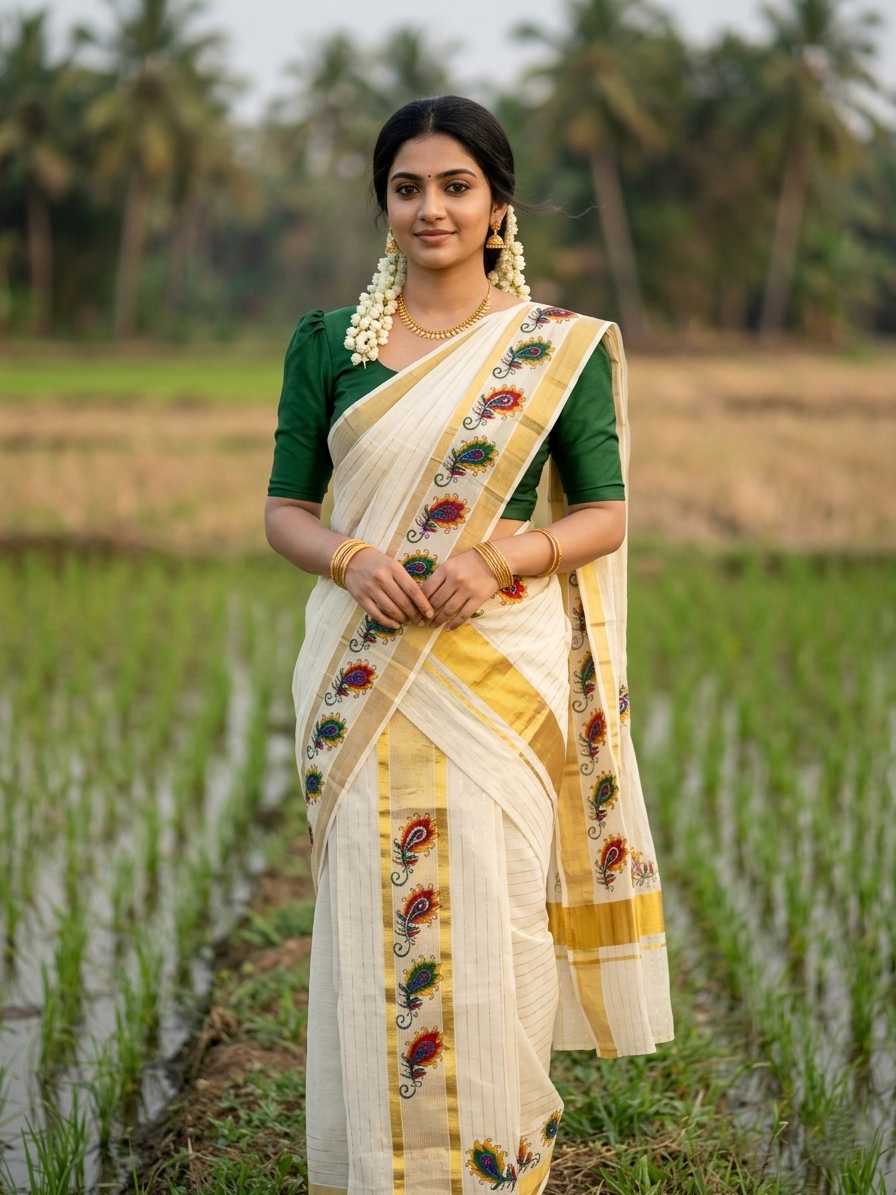Southloom Cotton Lines Single Set Mundu (Mundu Neriyathum) With Peacock Feather Print And Gold Border Kasavu in 2.80 Mtrs