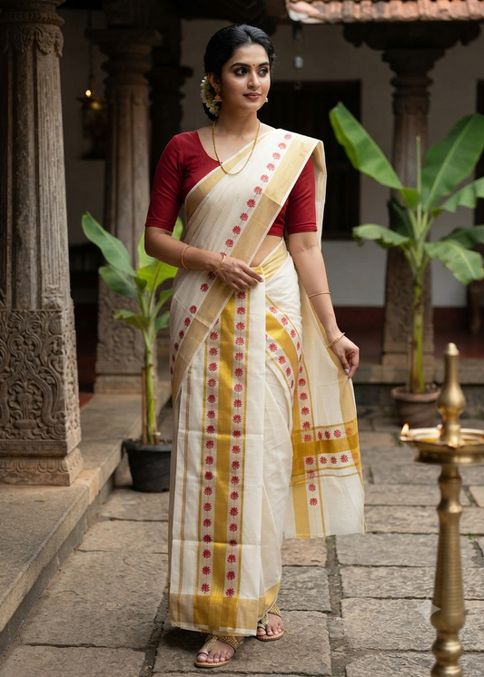 Kerala Cotton Red Colour Lotus Printed Set Mundu (2.80 mtrs) SL516