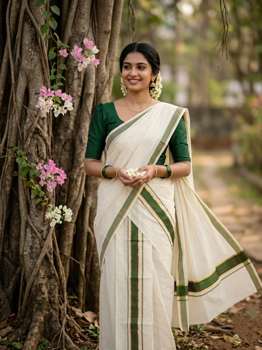 Pure Cotton Kerala Single Set Mundu (Mundum Neriyathum) with Green Kasavu Border in 2.80 Mtrs