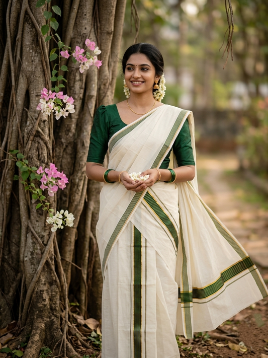 Pure Cotton Kerala Single Set Mundu (Mundum Neriyathum) with Green Kasavu Border in 2.80 Mtrs SL394