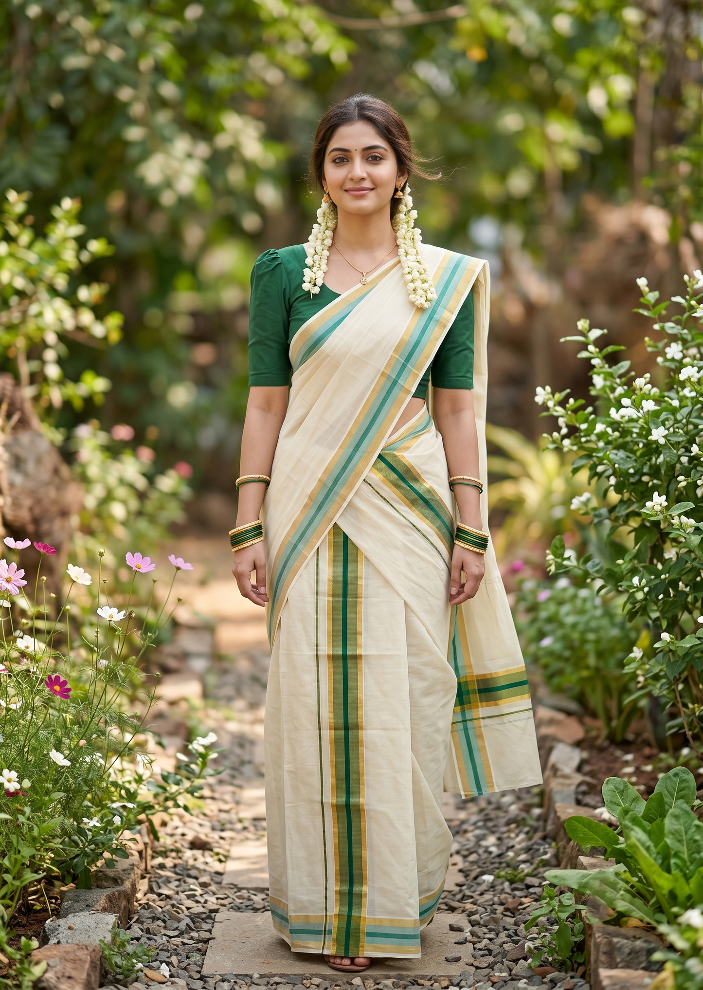 Southloom Pure Cotton Kerala Set Mundu (Mundum Neriyathum) Single with Green and Kasavu Border 2.80 Mtrs SLKK