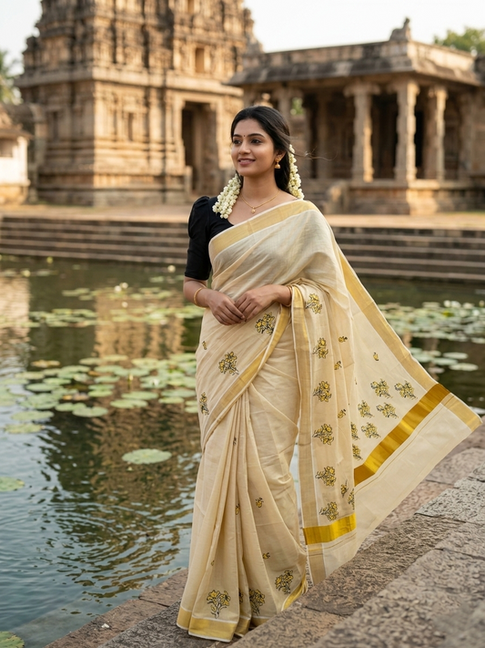 Southloom Tissue Kerala Kasavu Saree with Black & Golden Embroidery Works