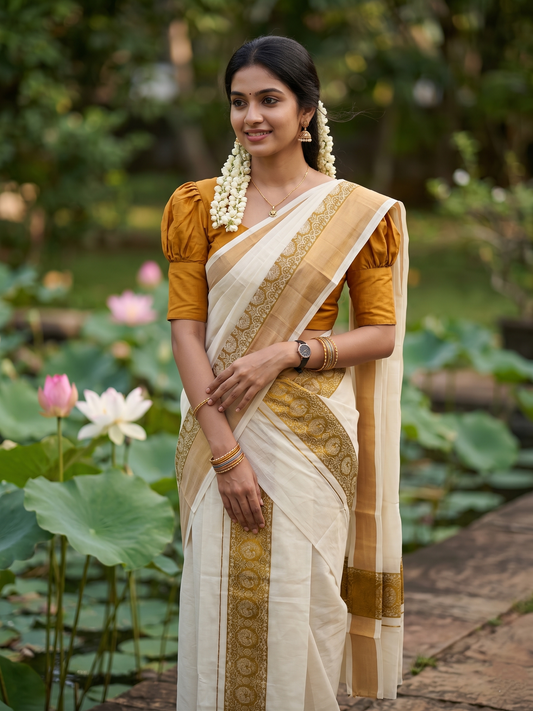 Kerala Cotton Single Set Mundu (Mundum Neriyathum) with Green Block print Border 2.80Mtrs SL329