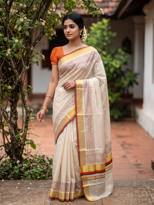 Southloom Kerala Cotton Kasavu Saree with Micro Check And Floral Design on Body In Orange And Black Border SL357