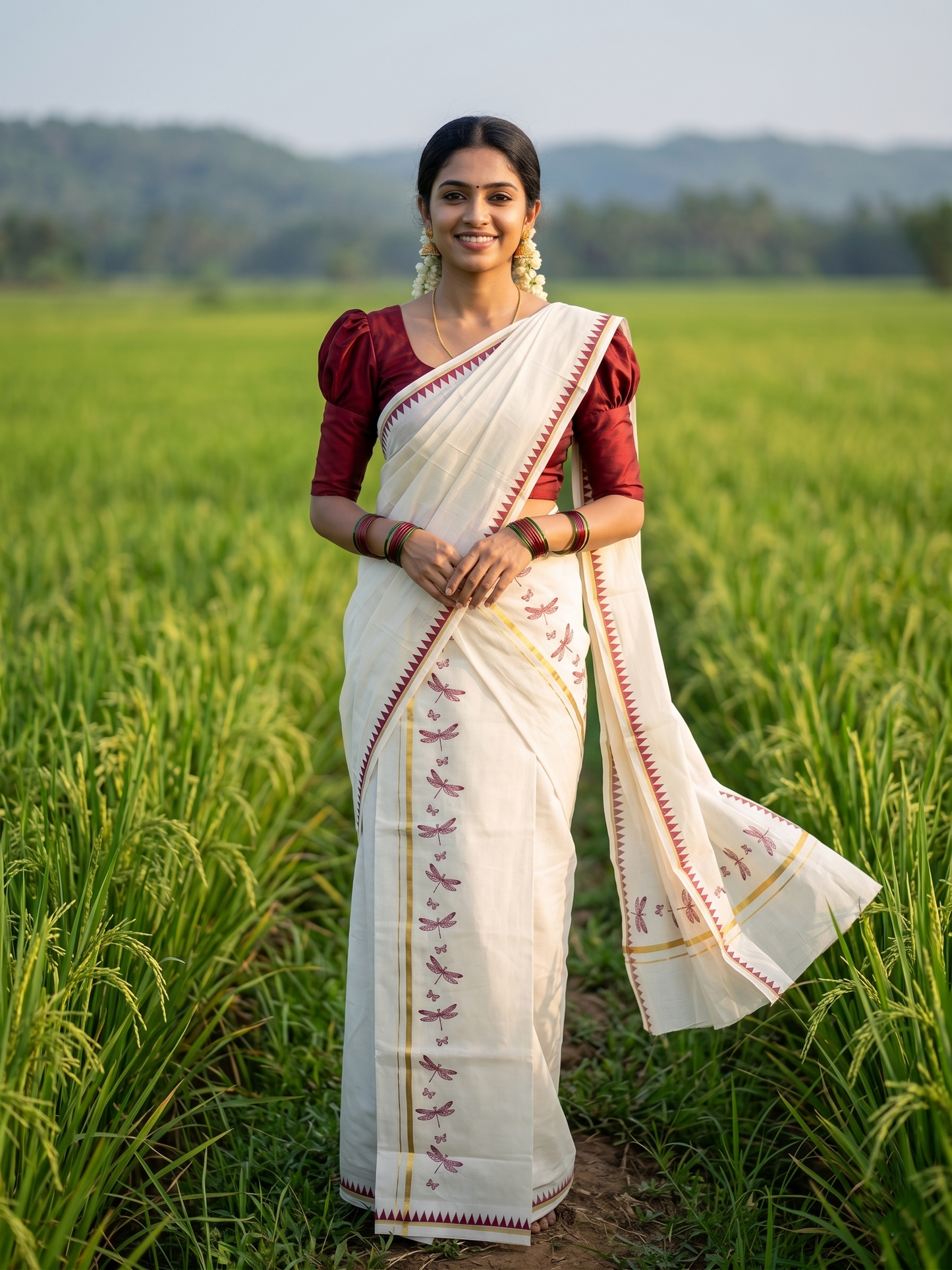 Southloom Kerala Cotton Single Set Mundu (Mundum Neriyathum) with Maroon Thumbi Block Printed Design And Gold Kasavu 2.80Mtrs SL151