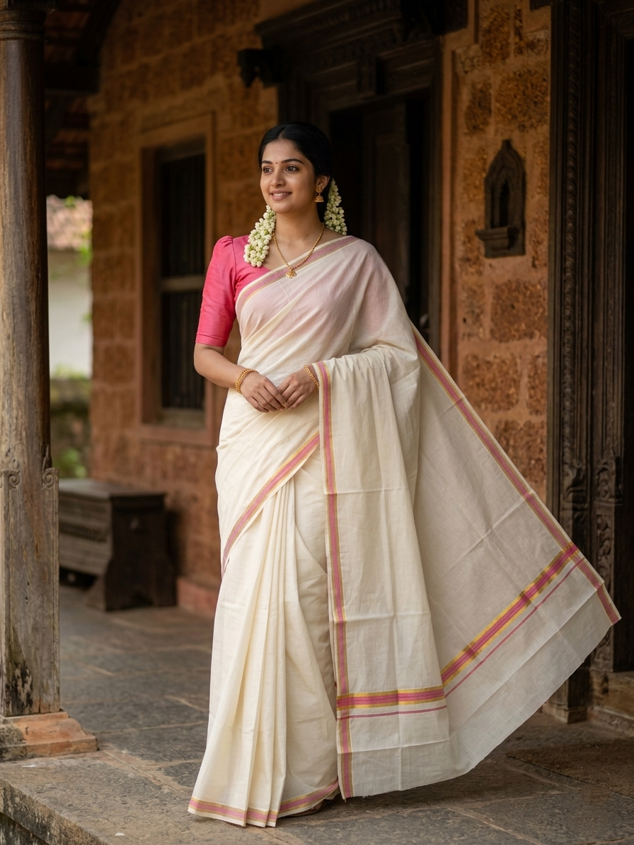 Kerala Pure Cotton Plain Saree with Kasavu and Pink Border