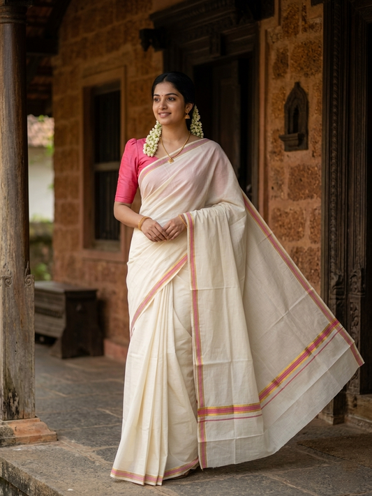 Kerala Pure Cotton Plain Saree with Kasavu and Pink Border