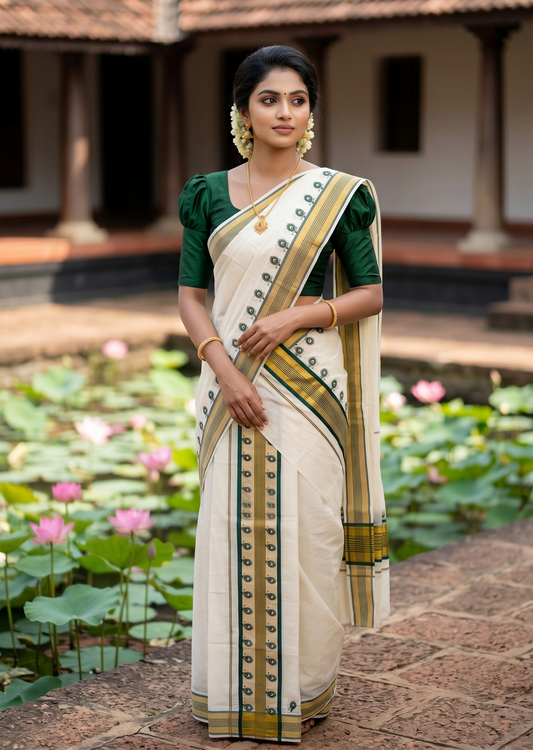 Southloom Cotton Single Set Mundu (Mundu Neriyathum) With Gold Kasvu And Peacock Design in Green 2.80 Mtrs SL390