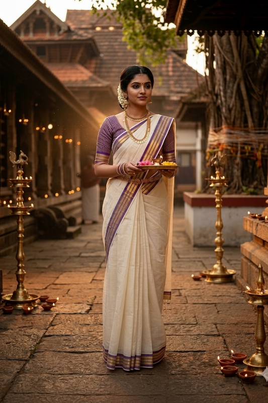 Kerala Cotton Golden Kasavu With Violet Border Saree SL445