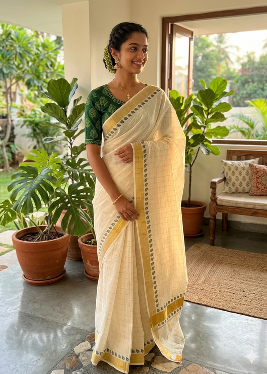 Kerala Cotton Check Printed Saree Without Tassels SL165