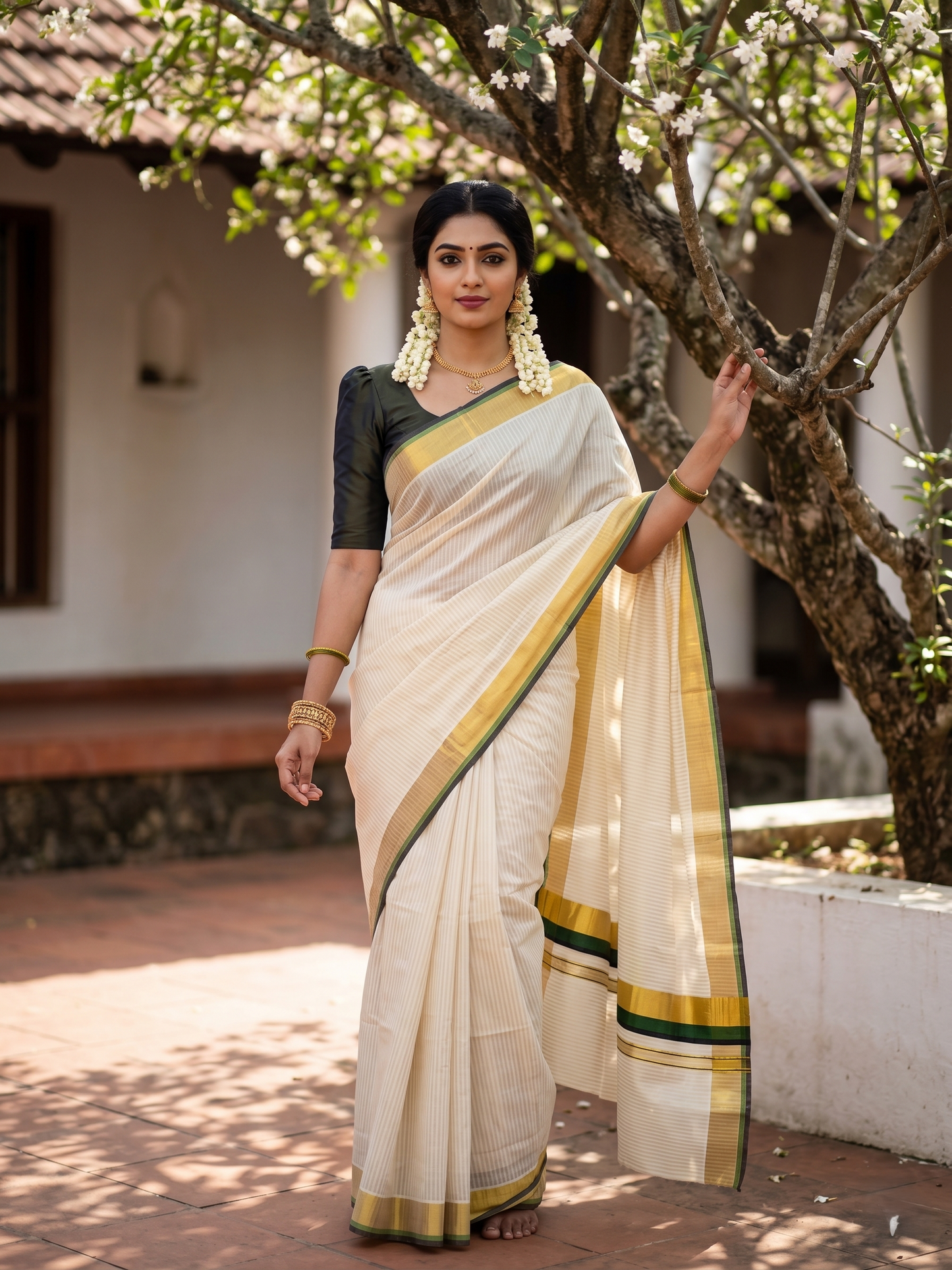 Southloom Kerala Cotton Kasavu Saree with Stripes on Body In Olive Green And Black Border