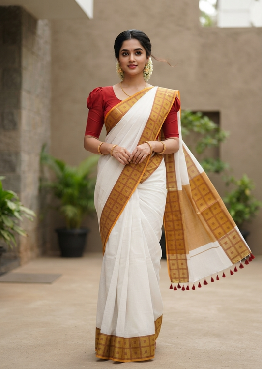 Southloom Mul Cotton 120 x 120 Soft Fabric Saree with Maroon Check Border SL215