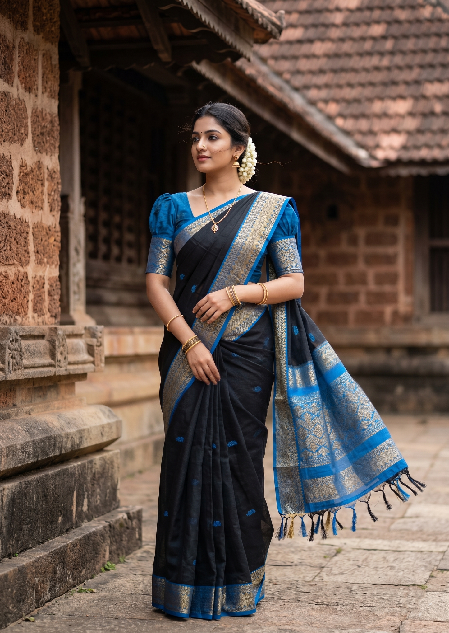 Southloom Kalyani Cotton Saree In Black And Blue With Woven Work on the Body and Borders