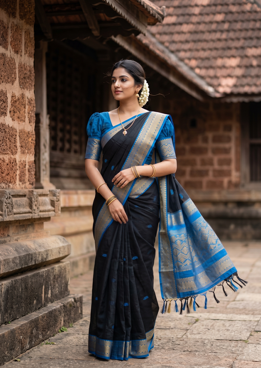 Southloom Kalyani Cotton Saree In Black And Blue With Woven Work on the Body and Borders