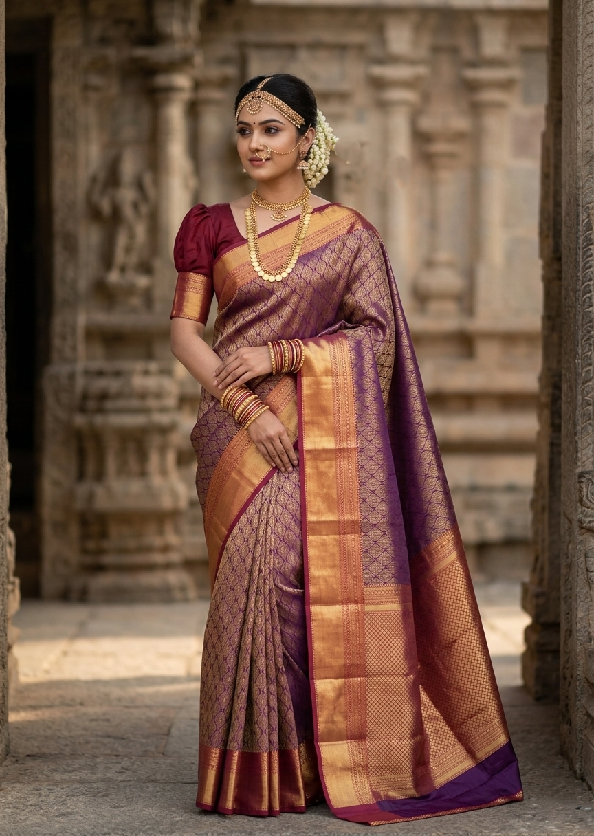 Southloom Premium Semi Silk Zari Work Bridal Brocade Saree in Purple with Matching Pallu
