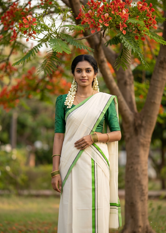 Southloom Pure Cotton Kerala Single Set Mundu (Mundum Neriyathum) Green Border 2.80 Mtr SL345