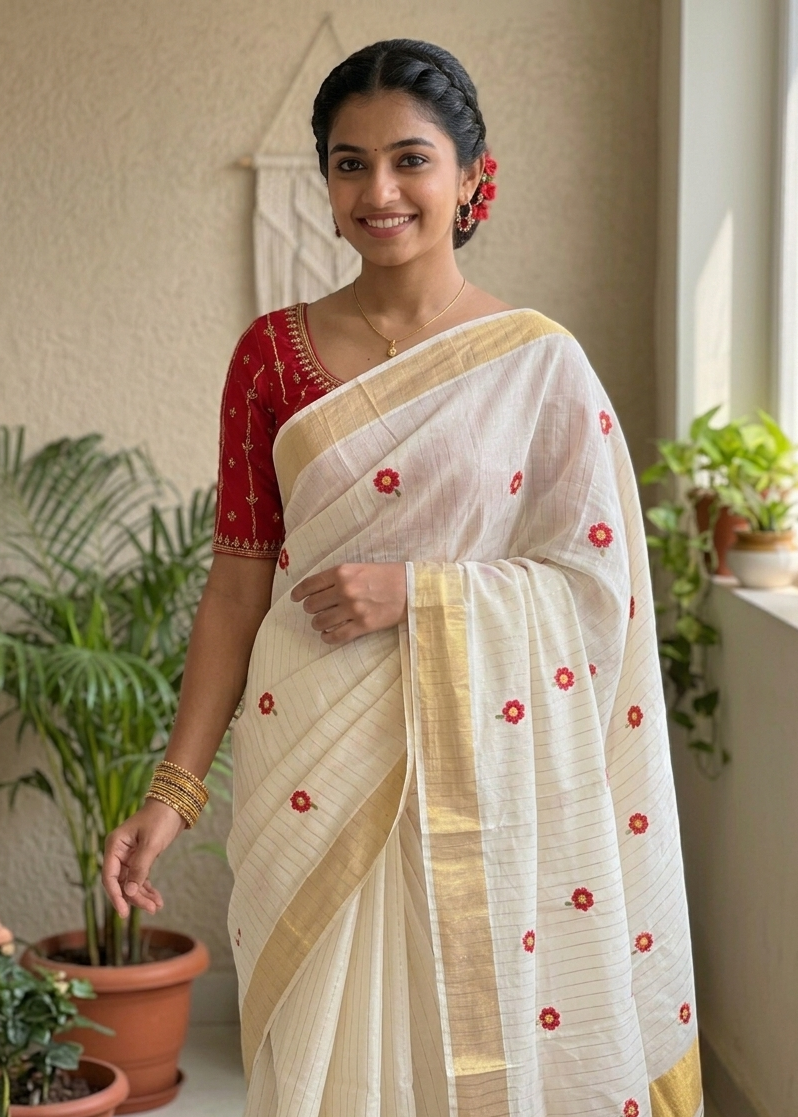 Kerala Cotton Lines Saree With Red Floral Embroidery SLfloral