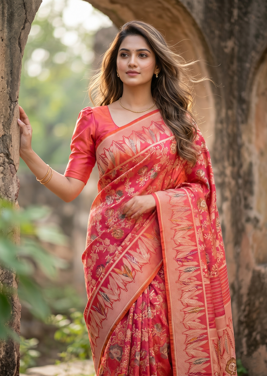 Southloom Pure Banarasi Silk Saree with Woven Work on Body and Borders (Pink & Orange)